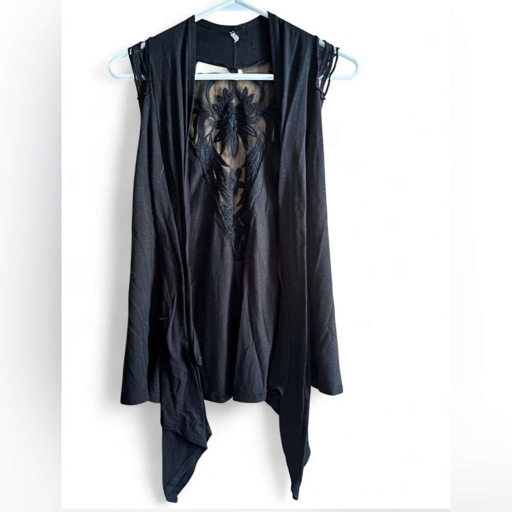 Black Sleeveless Draped Vest Top Sheer Embroidered Back Spooky Soft Layering SzM